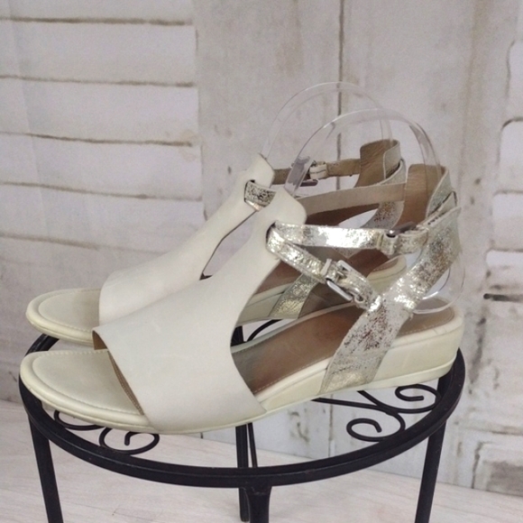 Shoes - Ecco Gray and Silver Wedge Sandals with Ankle Strap Size 9.5